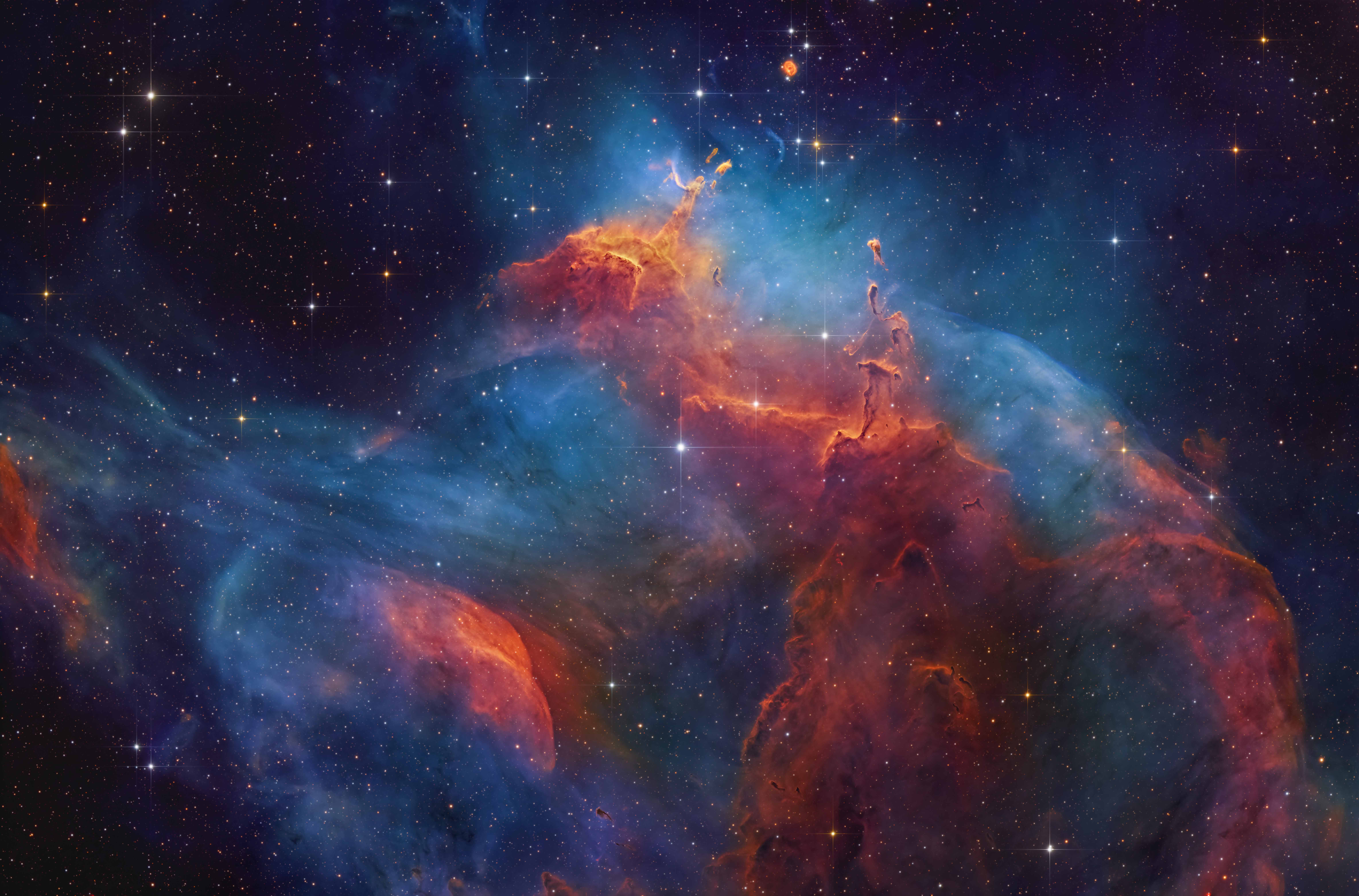 Gum 37 is an HII complex in the southern sky, where stellar radiation carves pillars, rims and curling shock fronts. It is commonly called the Southern Tadpoles Nebula, but Ani Shastry suggests it resembles a cosmic teapot. 